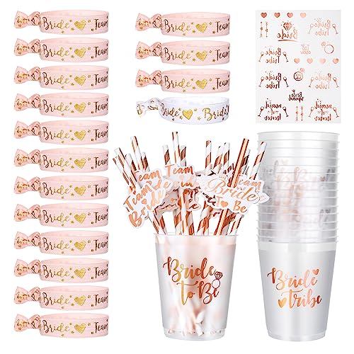16 Pcs Despedida de Soltera Vasos Accesorios Kit Para Mujeres Amigas,Oro Rosa Bride Tribu Copas Tazas Chupito Plástico Pajitas, Equipo de la Novia Pulsera Team Bride To Be Tatuajes Complementos Fiesta