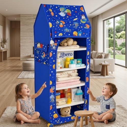 Image of YouCopia Baby Wardrobe Plastic Kids Storage Rack with Fabric Cover & Wheels | 6-Tier Plastic Shelves Organizer | Toy, Book & piceLiner Spice Drawer Liner, Kids Room (Blue)