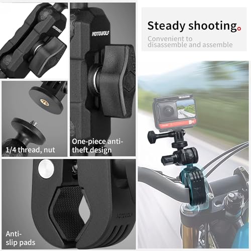 Image of Action Camera Power Clamp Mount with 360 Dual Ball Head, Anti-Theft Knob, Aluminium Bike /Motorcycle /Scooter Clamp, Multi-Position Mount Compatible with Action Cameras for DJI Osmo, Hero, Insta360