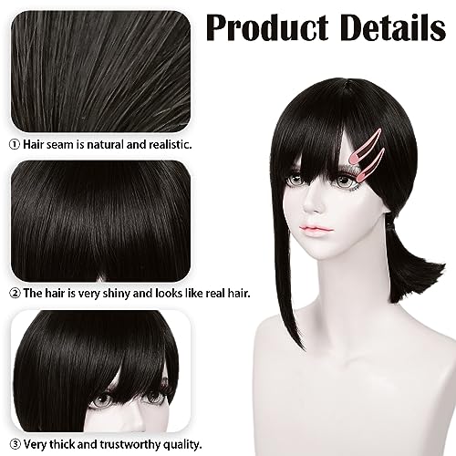 Image of LABEAUTE Short Black Wig + Hairpin for Women Girls Cosplay Wig with Ponytails for Halloween Party + Cap