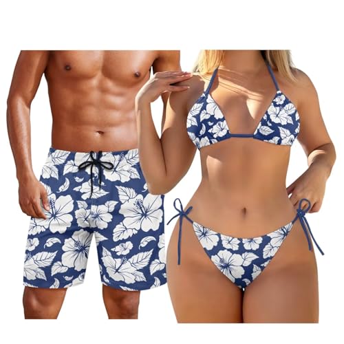 JOAIFO Couples Swimwear Matching Set Floral Swimsuit Men Swim Trunks Women Two Piece Swimsuit Sexy Swimwear Halter String Triangle Bikini Sets Mens Board Shorts Swimwear with Pockets Blue Man L