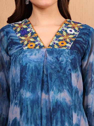 Image of EthnicJunction Women Georgette Relaxed Fit Tie & Dye & Embroidered A-Line Flared Kurta,Summer Kurta,Kurta For Office,Long Kurti