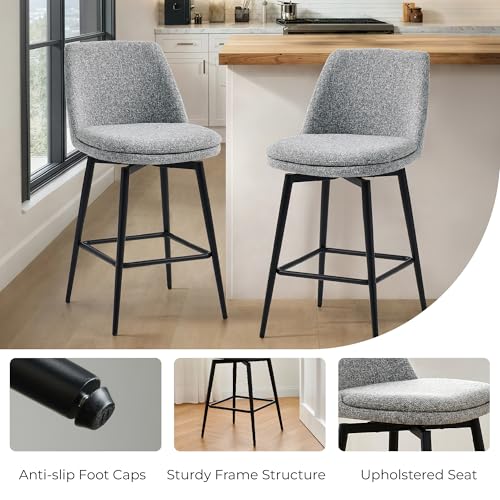 Image of CHITA Swivel Bar Stools, 27.2 inch Counter Height Bar Stools Set of 2, FSC Certified Upholstered Modern Counter Stools, Metal Legs, Fabric, Grey (Multi-Colored)