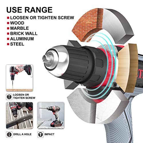 P.i.t. Impact Cordless Drill, 20V Brushless Electric Power Drill Set With 1 Battery & Charger, 3/8”Keyless Chuck, 2 Variable Speed, 40N.m Torque, 20+3 Position And 23Pcs Drill/Driver Bits #TOP3