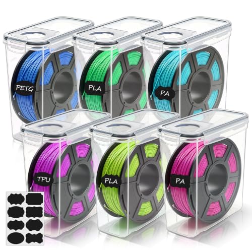 Oungy 6 Pack Filament Storage Box, 4L Airtight Filament Storage Container with Labels, Clear Plastic Storage Bin for 1KG