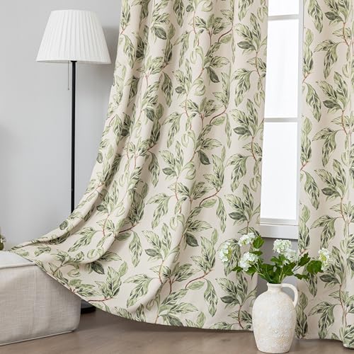 Image of 80% Blackout Curtains for Bedroom, Green Leaf Window Drapes 102 Inch Length for Living Room, Thermal Insulated Grommet Curtains, 2 Panels
