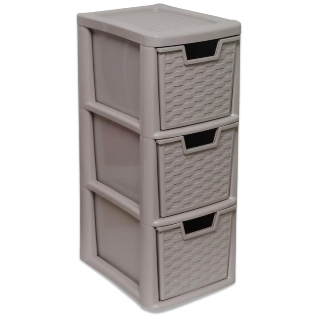 PD - Medium Plastic Drawer Storage Unit - 3 Tier Rattan Effect Storage Cabinet Chest Tower - A5 Size Desktop Tabletop Office Home School Organizer - For Stationery, Jewellery, Documents