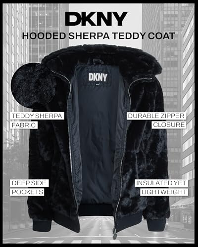 DKNY Girls' Winter Jacket - Full Zip Up Faux Fur Sherpa Girl's Bomber Jacket - Warm Hooded Teddy Coat for Girls (7-16)2