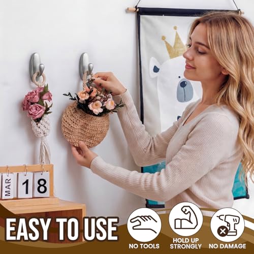 Image of TAILI Metal Adhesive Hooks for Wall No Damage, 2 Pack Heavy Duty Silver | Hold Up to 3.3 LBS, Removable Large Hooks for Coats, Wreath, Towels, No Drill for Home, RV, Dorm, Rental, Decorative Hangers