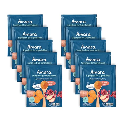 Image of Amara Organic Baby Food - Stage 2 - Sweet Potato Raspberry - Baby Cereal to Mix With Breastmilk, Water - Baby Food Pouches Made from Organic Fruit and Veggies - 10 Pouches, 3.5oz Per Serving