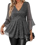 VALOLIA Sequin Tops For Women: Party Night Plus Size V Neck Shiny Sequin Dressy Blouses - Womens Casual Wedding Guest Outfit - Womens Glitter Top 3/4 Sleeve Sparkly Festival Chrismas Party Shirts L