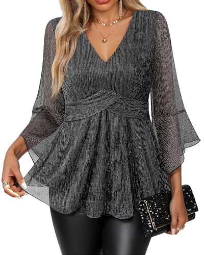 VALOLIA Cocktail Tops For Women Dressy: 3/4 Sleeve Glitter Sequin Shiny Evening Blouses - Formal Tops For Women Evening - Christmas Dinner Party Layer Flashy Sparkle Shirts With Leggings for Cruise XL