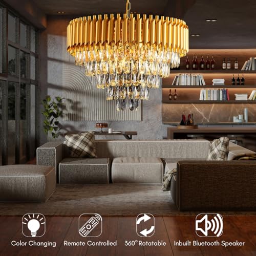 Image of Luxury Gold Mamba Crystal Chandelier | Moving Round LED Ceiling Light with Bluetooth Speaker & Remote | RGB Colour Changing | Living Room Chandelier (Moving Gold, 500MM)
