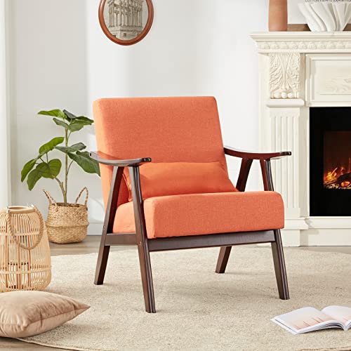 Stary Retro Upholstered Leisure Sturdy Wooden Frame Armchair For Living Room, Bedroom, Balcony Mid-Century Modern Accent Chair, Orange #TOP16