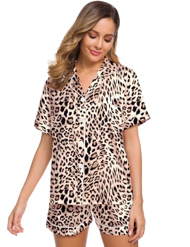 Image of SWOMOG Womens Silk Satin Pajamas Set Short Sleeve Sleepwear Button Down Top and Shorts Loungewear 2 Piece Pjs Set XS-3XL Wavy Leopard XXX-Large
