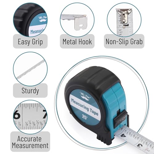 Image of Mr. Pen 25-Foot Steel Retractable Tape Measure with Fractions, Easy Read - Teal /Black