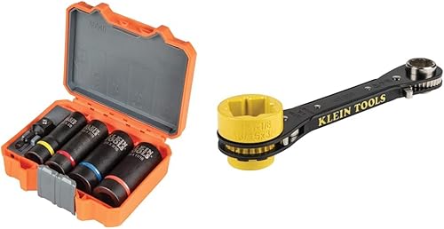 Klein Tools 66040 - Juego de llaves de impacto 2 en 1, juego de herramientas de 5 piezas y llave de trinquete KT155T 6 en 1 con diseño de perno y