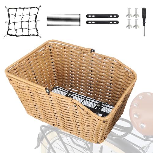 ZUKKA Fahrradkorb hinten gewebt Fahrradkorb abnehmbare hinteren Fahrradträger Korb Fahrrad Lagerung Korb für hinteren Rack Arten von Fahrrad (Holz mit Gepäcknetz)