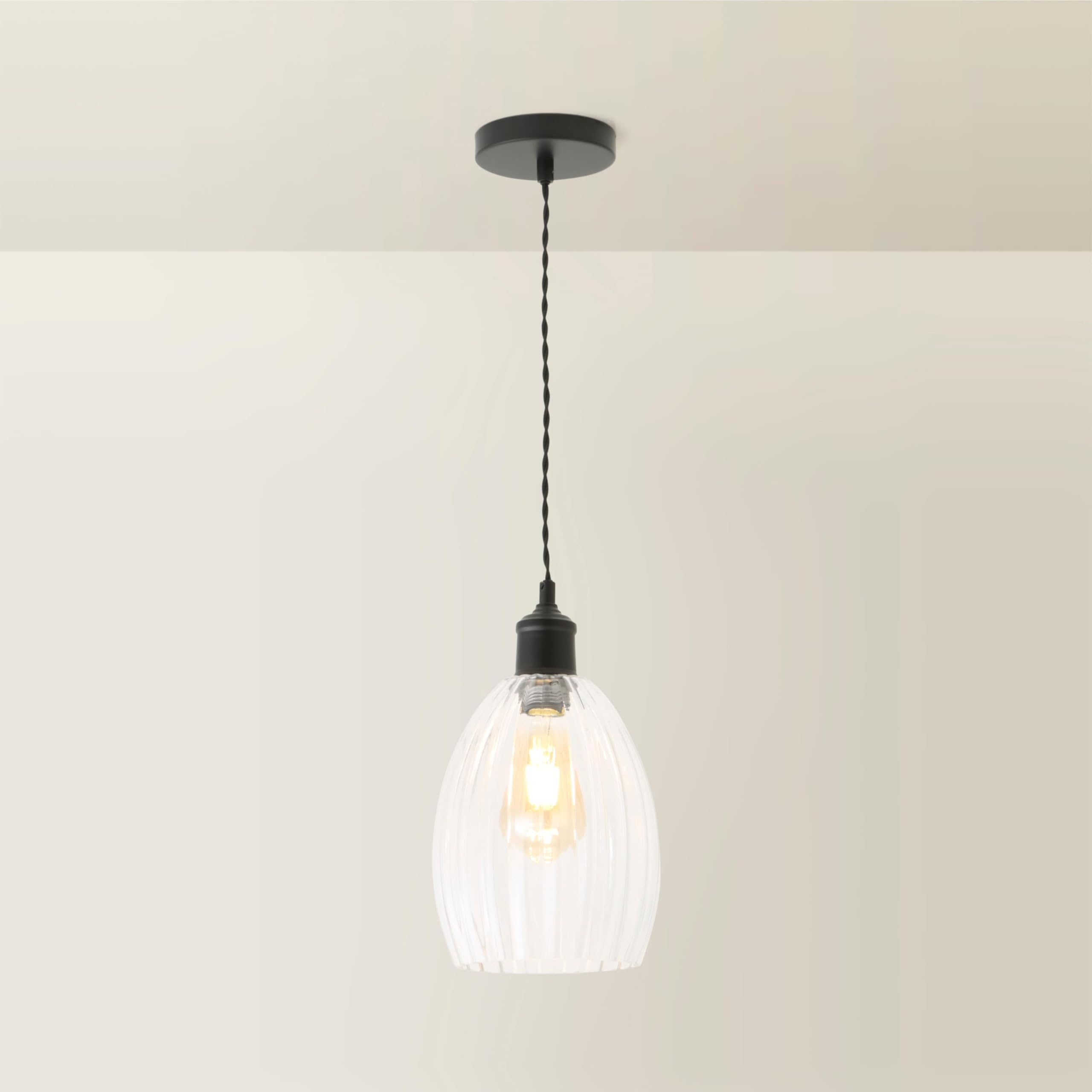 B&Q -  Cheltenham Matte Black Ceiling Pendant Light With Ribbed Shade