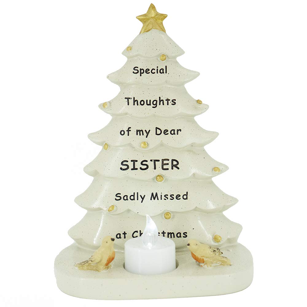 Angravememorials White, Teal/Blue-Green Special Sister Christmas Tree & Robin Memorial Tealight Candle Ornament Plaque With Verse