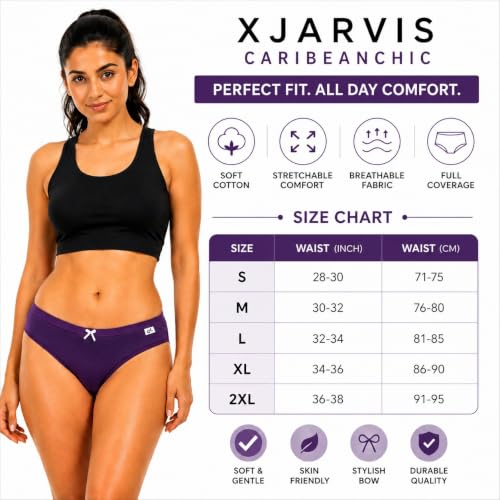 Image of XJARVIS CARIBEANCHIC Women's Hipster Panty, Combed Cotton Stretch Underwear, Full Coverage Bikini Brief, Soft Breathable Everyday Innerwear