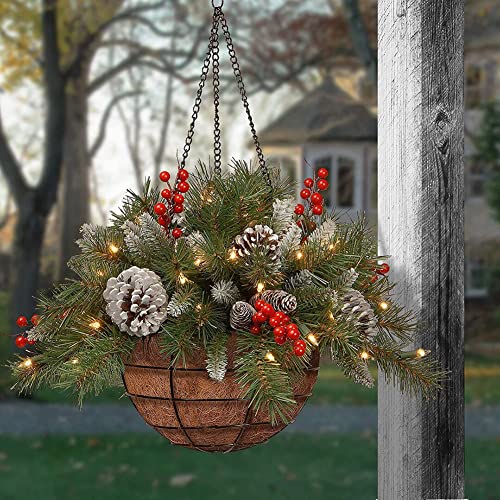 Occitop Cordless Pre-lit Artificial Christmas Hanging Basket, Mixed Front Door Frosted Berry Christmas Pre lit Garland Decor, LED Wreath Basket for Indoor Outdoor Home Party Christmas Decorations