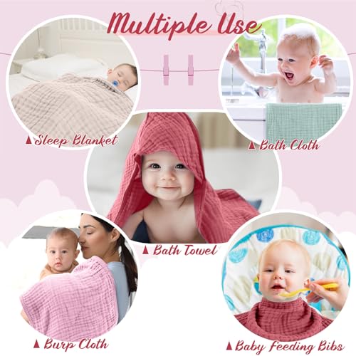 Image of VitalCozy 8 Pcs Baby Muslin Hooded Bath Towels and Washcloths, Muslin Hooded Baby Towels Absorbent Blankets for Gift Newborn Infant Shower (Vivid Color)