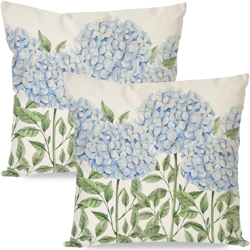 PANDICORN Outdoor Throw Pillow Covers 18x18 Set of 2, Blue Green Hydrangea