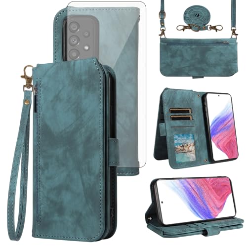 Rabat portefeuille Samsung Galaxy A53 5G bleu Asuwish avec lanière amovible et vitre