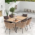 BUPPLEE 7-Piece Outdoor Patio Dining Set for 6,Wicker Rattan Outdoor Furniture Set with Umbrella Hole,6 Wicker Chairs with Cushion and Pillow,6-Person Patio Dining for Backyard Poolside Garden-Brown