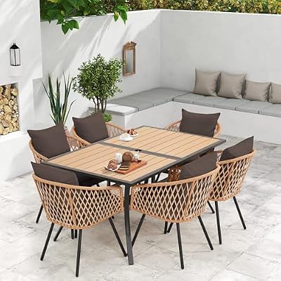 BUPPLEE 7-Piece All-Weather Rattan Patio Dining Set with 60" Wood Table Top, Removable Cushions & Umbrella Hole - Outdoor Furniture Set Includes 6 Chairs & Rectangular Table for Backyard, Deck, Porch