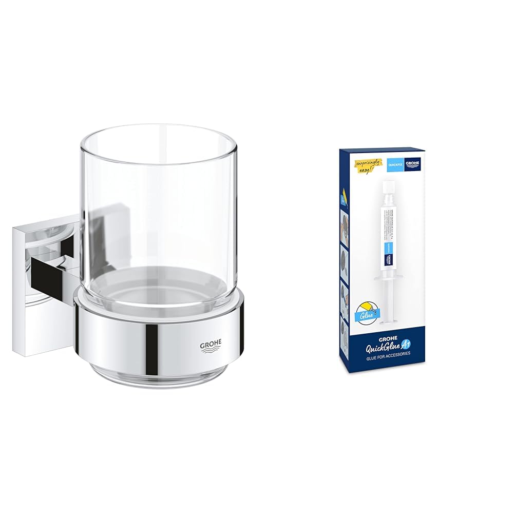 GROHE Start Cube - Glas mit Halter (verdeckte Befestigung, Material: Glas/Metall), chrom, 41097000 + Kleber für BadAccessoires