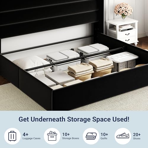 Image of Allewie King Size Velvet Lift Up Storage Bed, Modern Wingback Headboard, Hydraulic Support, No Box Spring Needed, Black