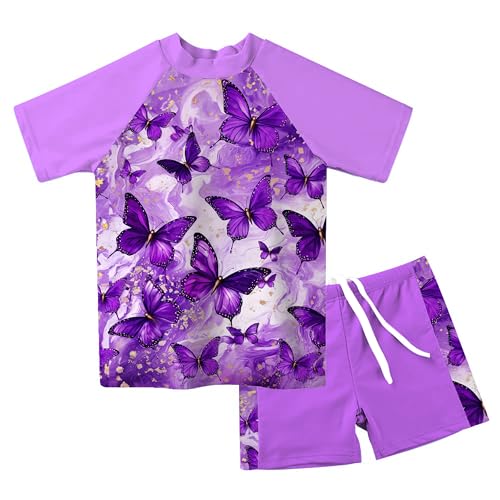 Image of Lovekider Girls Swimsuits Two Piece Rash Guard Set Short Sleeve Bathing Suit Liner Swimwear with Sun Protection 3-12T