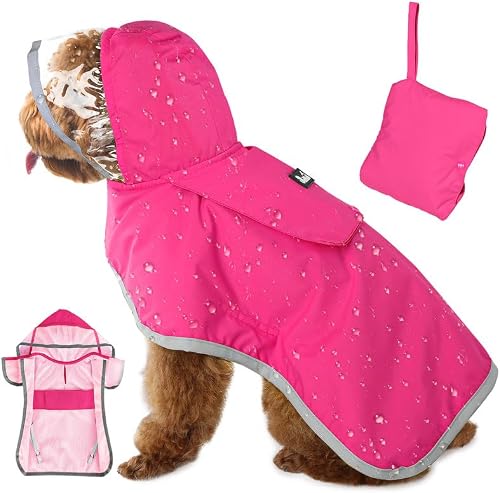 SlowTon Dog Raincoat, Adjustable Dog Rain Jacket Clear Hooded Double Layer, Waterproof Dog Poncho with Reflective Strip Straps and Storage Pocket for Small Medium Large Dogs Puppies(FU XS)