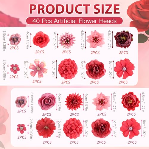 40 Stück Kunstblumen Blumenköpfe, Kunstblumen Zum Basteln mit 10 Stile, Künstliche Blumen Deko Klein Seidenblumen, Fake Flowers Blumen für Hochzeit Home DIY Crafts Scrapbooking, Rot Burgunderrot – Bild 3