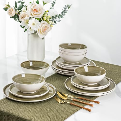 Image of LERATIO Ceramic Dinnerware Sets for 6,Porcelain Plates and Bowls Sets with Wavy Edge,Microwave & Dishwasher & Oven Safe,Light Weight & Scratch Resistant Dishes Sets-Olive Green