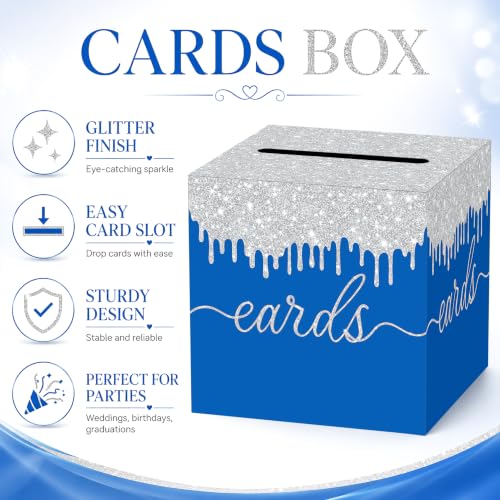 Image of Blue Silver Card Box with Slot for Graduation, Wedding and Birthday Party