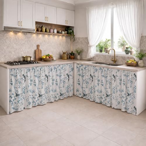 Image of LINENWALAS Under Sink Curtain for Kitchen - Pack of 2 | 150x70 cm Cotton Under-Sink Cover | Washable Storage-Hiding Curtain with Rod Pocket | Kitchen & Bathroom Cabinet Cover (Bird Paradise)
