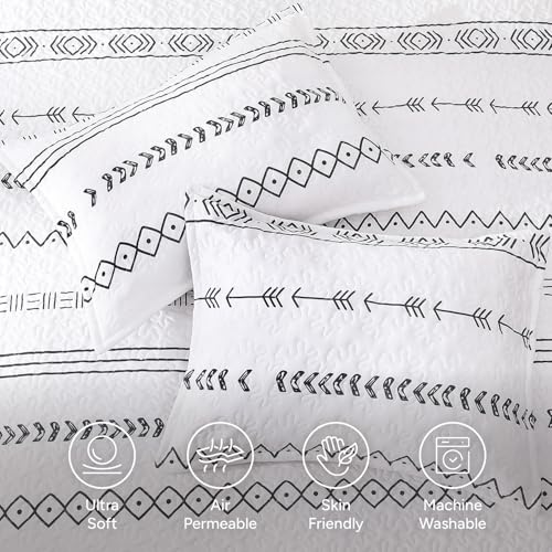 Image of Andency White Oversized Super King Quilt Set, 3 Pieces Boho Lightweight Soft Striped Bedspread for All Season (120 inchx120 inch), Printed Bohemian Polyester Reversible Coverlet Comforter Sets