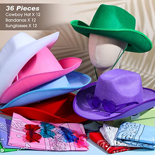 Image of 36 Pcs Adult Cowboy Hat with Paisley Bandanna Heart Sunglasses Unisex Felt Cowboy Hat Men Women Western Party Costume