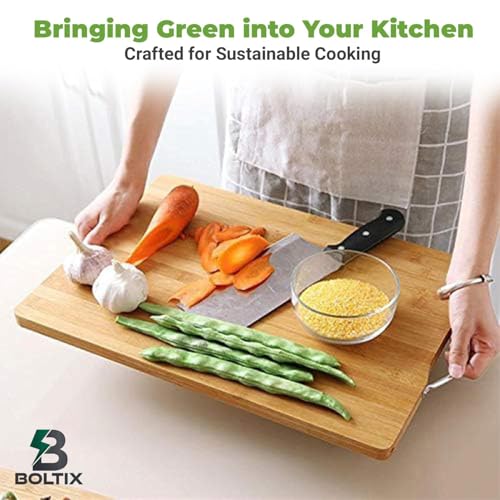 Image of Large Non-Slip Wooden Bamboo Cutting Board with Antibacterial Surface with Stainless Steel Handle, Chopping Board for Kitchen, Cutting Board for Kitchen(32.5 X 22 cm)