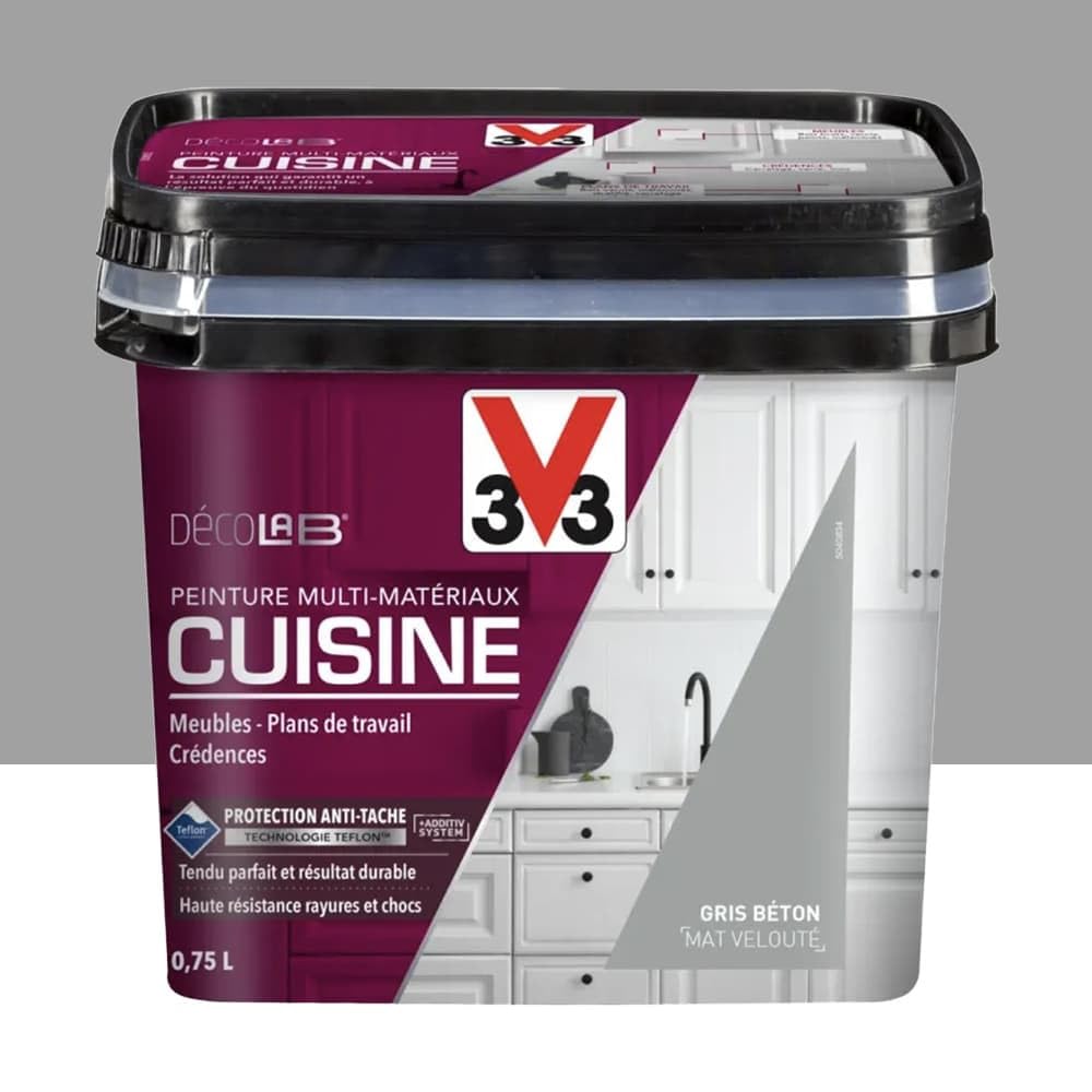 Peinture Multi-Matériaux V33 Cuisine Déco LAB Gris Béton Mat Velouté 0,75 L pour rénovation