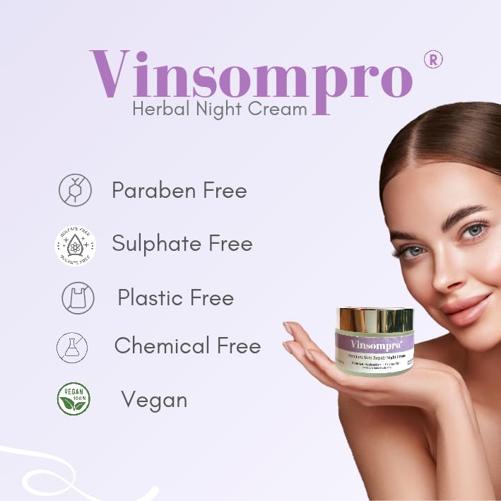 Image of Vinsompro Night Cream | Premium organic collagen booster | for anti ageing | wrinkles | fine lines dark spot | Infused with | Bakuchiol retinol | saffron | for All Skin Types | 30 gm