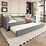 Dolamaní Schlafsofa Daybett 90 x 200 cm mit LED-Leuchten und USB-Ladebuchse, Bett mit ausziehbarem Bett, Ausziehbett, Gästebett, Kinderbett, Linen, mit Lattenrost, ohne Matratze (Grau A)