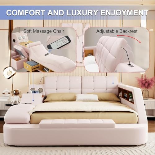 King Size Smart Multifunctional Bed Frame, Luxury Smart King Bed Frame Bedroom Furniture with Massage Recliner, Bluetooth Speake, USB Charging Station, Leather Headboard