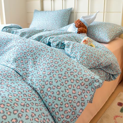 Image of VM VOUGEMARKET Leopard Duvet Cover Set Queen,Light Blue Pink,Muslin Cotton