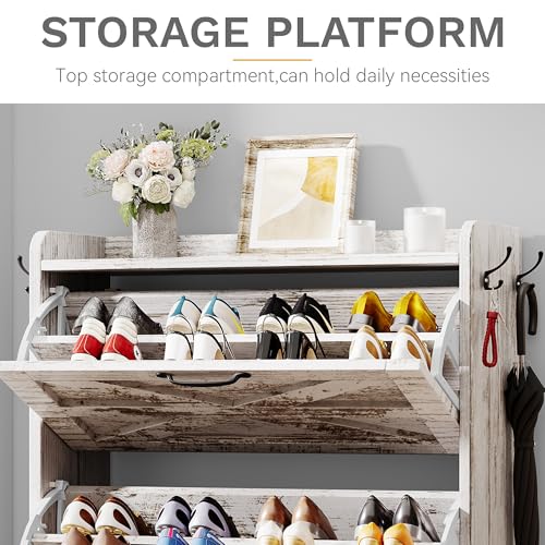 DWVO Farmhouse Shoe Storage Cabinet with 3 Flip Drawers, Freestanding Shoe Organizer for 24 Pairs, Narrow Slim Shoe Rack Cabinet for Entryway, Living Room, Hallway (Embossed White)