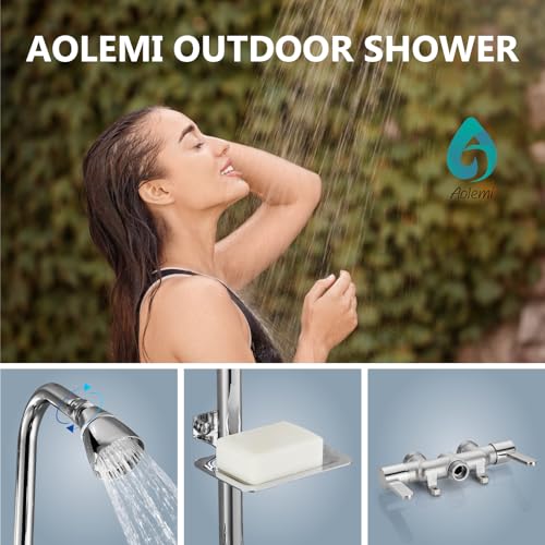 Kit de Ducha Exterior Aolemi con entradas hacia abajo, Cromo Pulido | Válvula mezcladora central de 3 pulgadas para agua caliente y fría, con dos manijas y jabonera para uso conveniente al aire libre miniatura 2