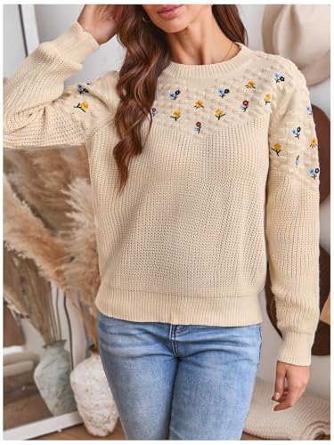 Image of BEAUDRM Women's Floral Embroidery Sweaters Long Sleeve Round Neck Knitted Pullover Tops Beige Small